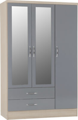 Nevada 3 Door Mirrored Wardrobe Grey Gloss/Light Oak Effect Veneer