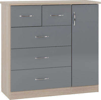 Nevada 5 Drawer Low Wardrobe Grey Gloss/Light Oak Effect Veneer
