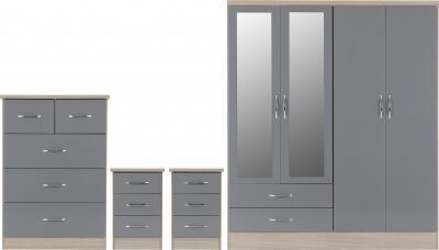 Nevada 4 Door Wardrobe Bedroom Set Grey Gloss/Light Oak Effect Veneer