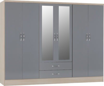 Nevada 6 Door Mirrored Wardrobe Grey Gloss/Light Oak Effect Veneer