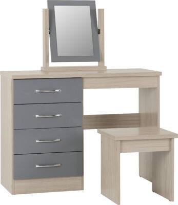 Nevada 4 Drawer Dressing Table Set Grey Gloss/Light Oak Veneer