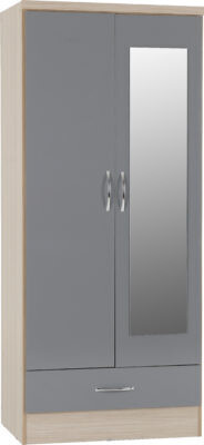 Nevada 2 Door Mirrored Wardrobe Grey Gloss/Light Oak Effect Veneer