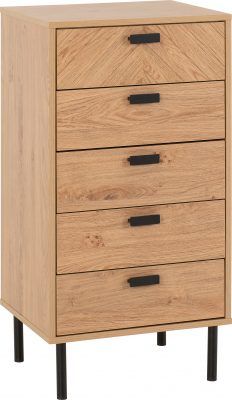Leon 5 Drawer Narrow Chest – Medium Oak Effect | Compact Bedroom Storage