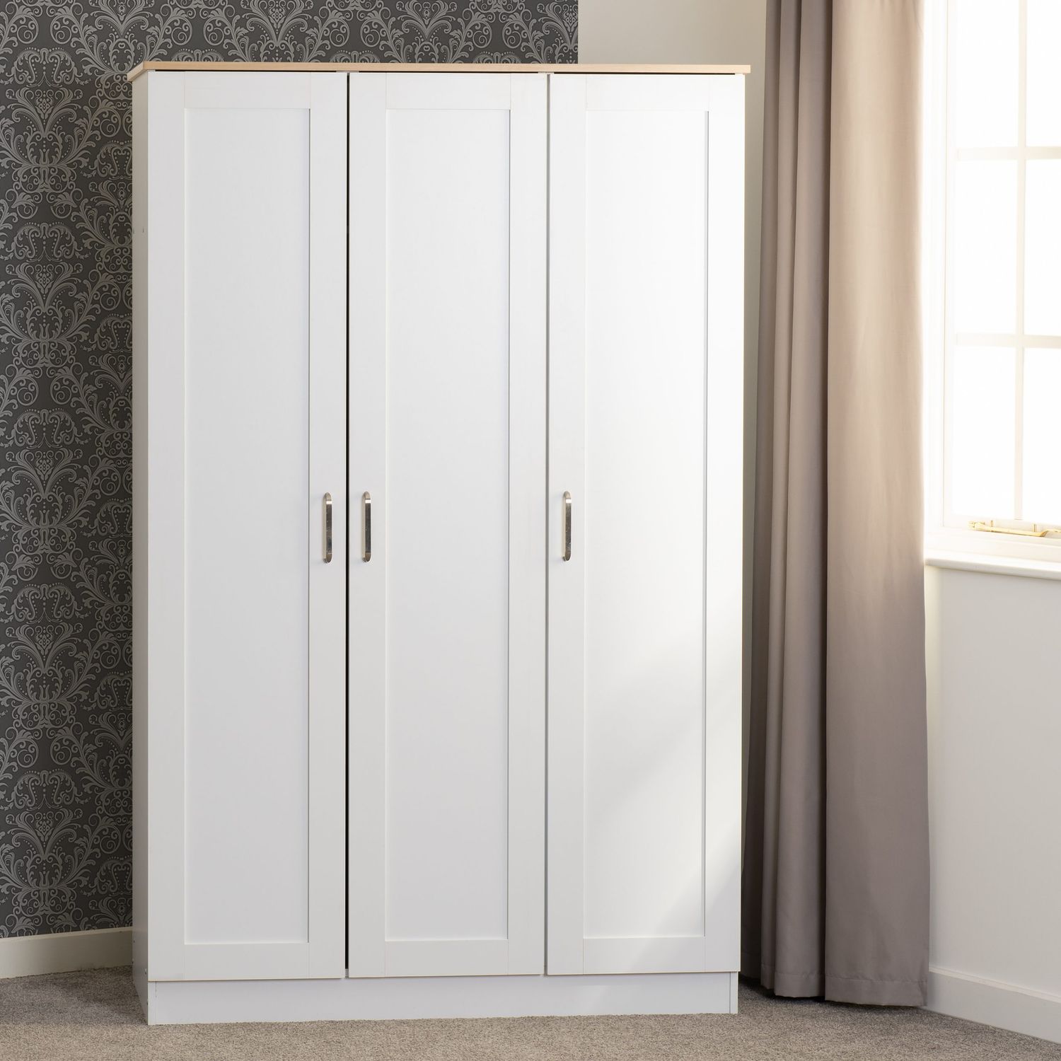 Portland 3 Door Wardrobe – White/Oak Effect | Contemporary Bedroom Storage
