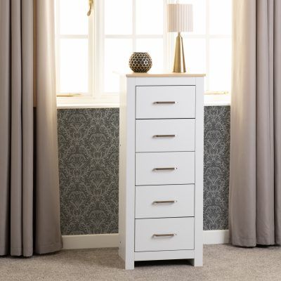 Portland 5 Drawer Narrow Chest – White/Oak Effect | Contemporary Bedroom Storage