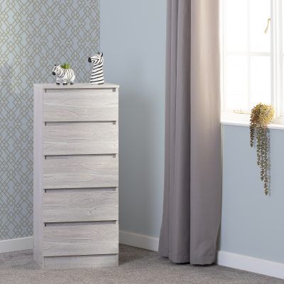 Malvern 5 Drawer Narrow Chest – Urban Snow | Slimline Modern Storage