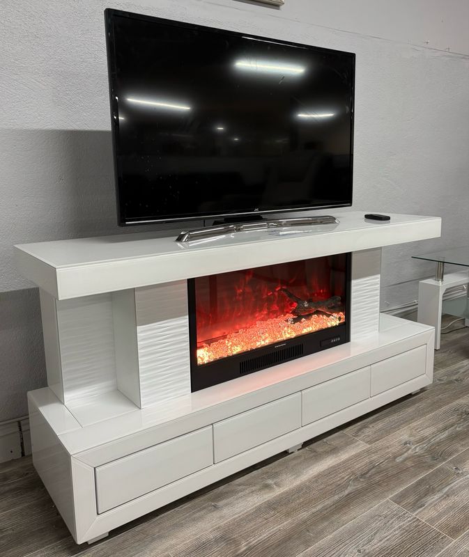 TV Stand with Fireplace Unit – LED Lighting &amp; Wireless Charger