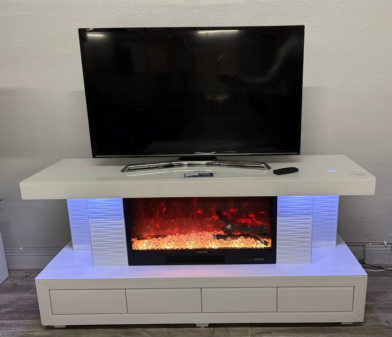 TV Stand with Fireplace Unit – LED Lighting &amp; Wireless Charger