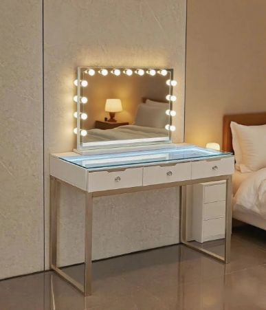 Glam 3‑Drawer Vanity Table with Rainbow LED Lights