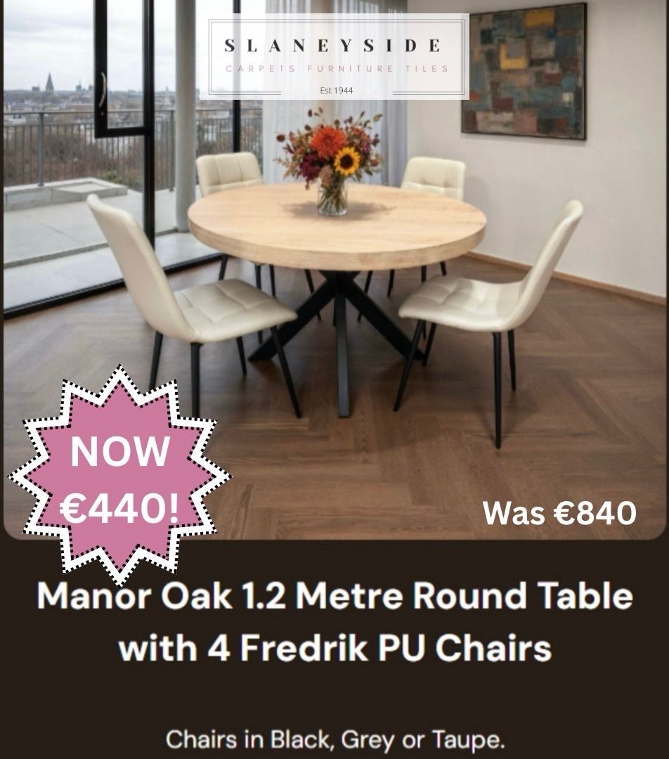 Manor Oak 1.2M Round Table &amp; 4 Fredrick PU Chairs