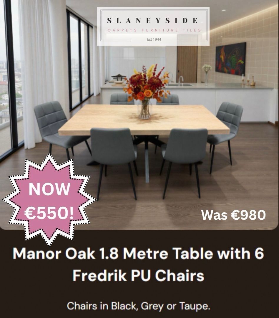 Manor Oak 1.8m Dining Table &amp; 6 Fredrick PU Chairs
