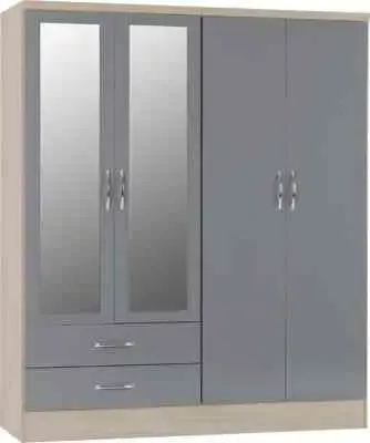 Nevada 4 Door Mirrored Wardrobe Grey Gloss/Light Oak Effect Veneer