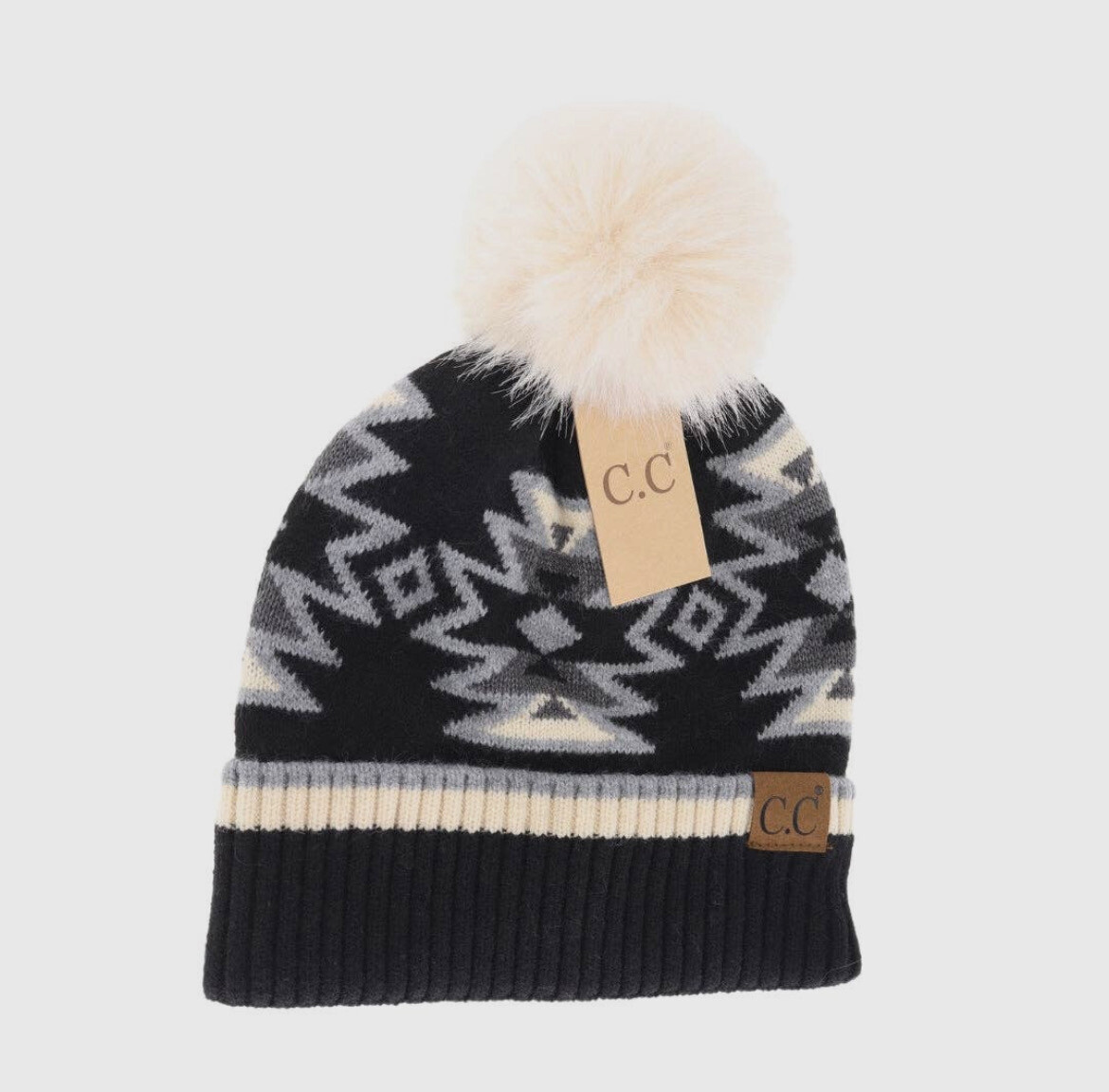 C. C Southwestern Fur Pom Beanie