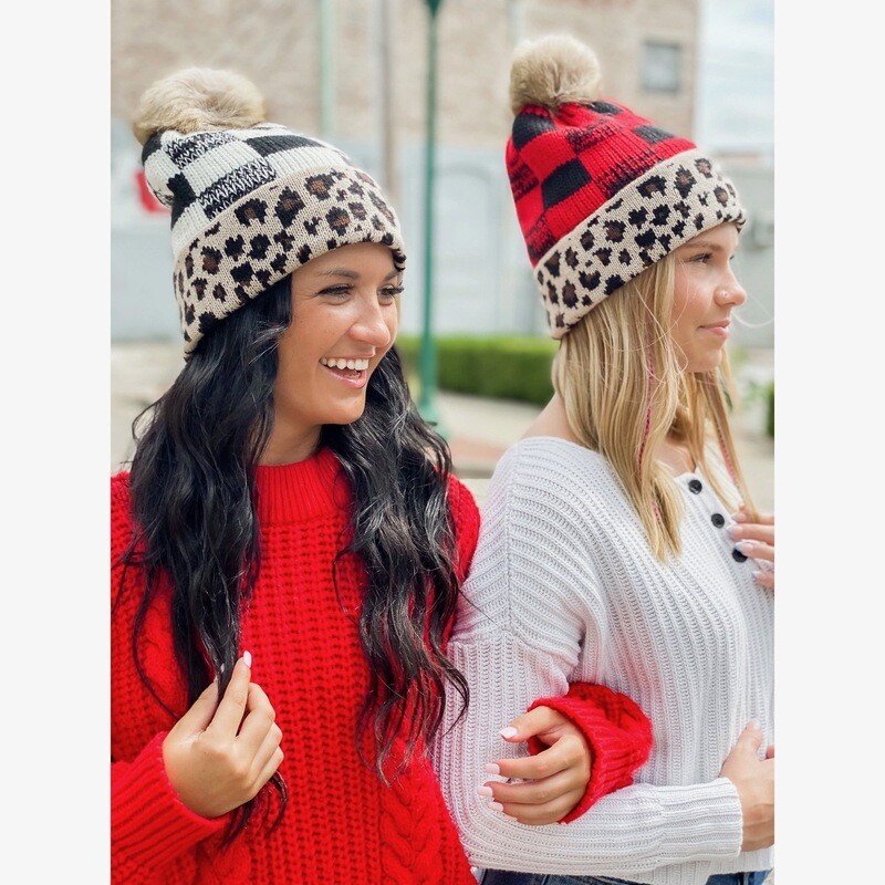 C.C Leopard/Buffalo Mixed Print Fur Pom Beanie