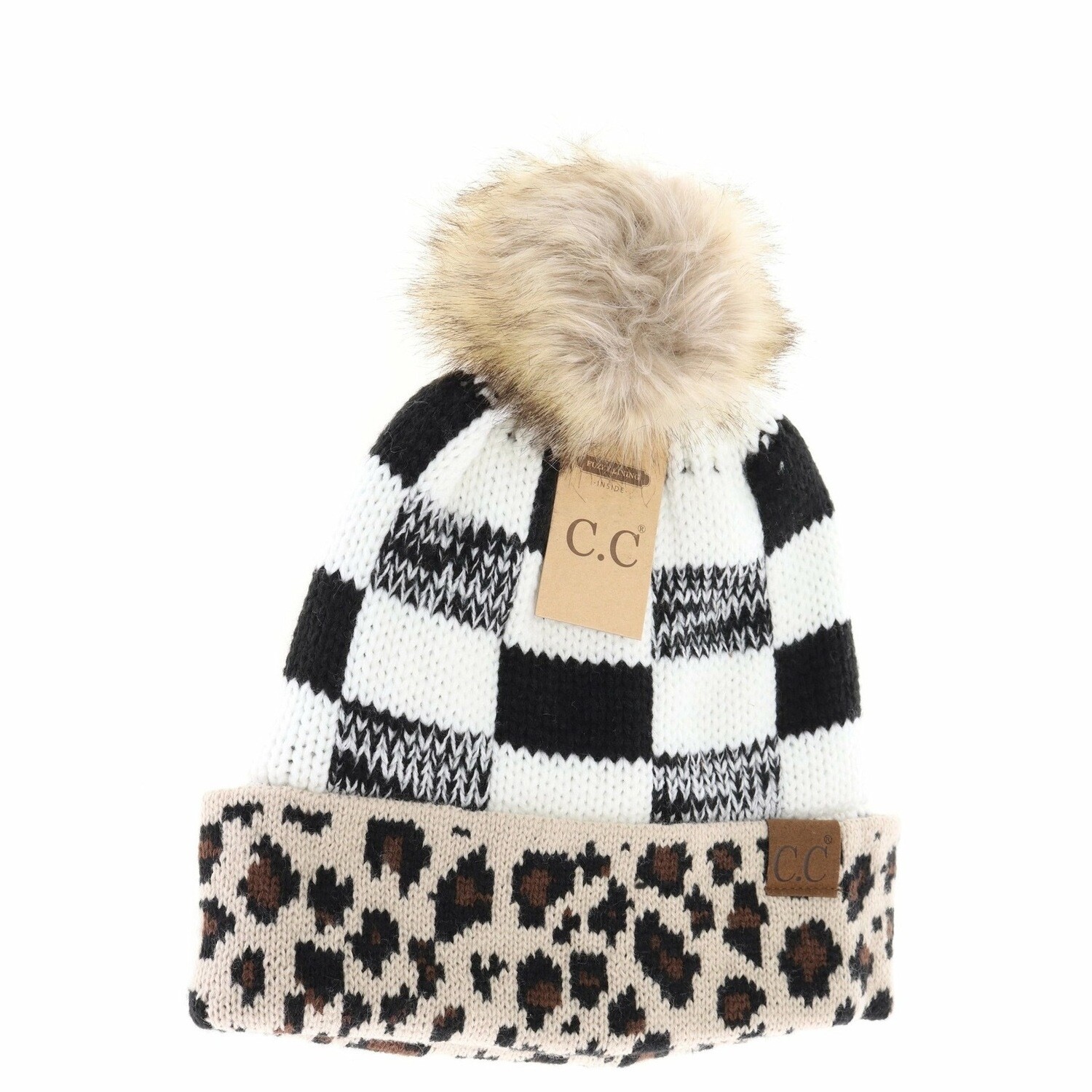 Last Two! Stylish Black and White C.C. Beanie w/Leopard Print & Faux Fur Pom Leopard CC Beanie Pom Hat Women Teens Truly Contagious main image 3