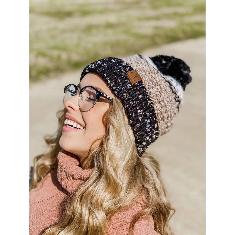 C.C Lined Tri-Color Flecked Pom Beanie