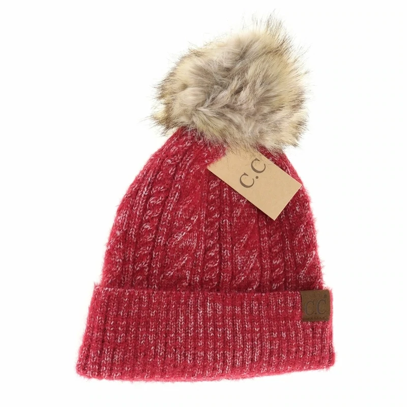 C.C Soft Cuff Cable Knit Fur Pom Beanie