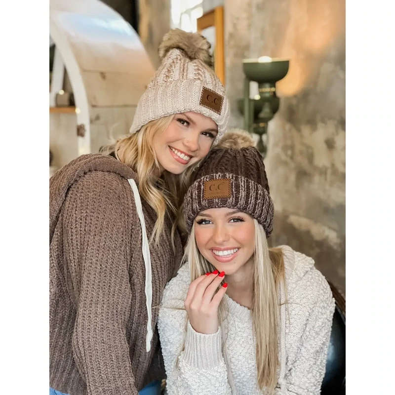 C.C Two-Tone Ombre Vintage Faux Fur Pom Beanie