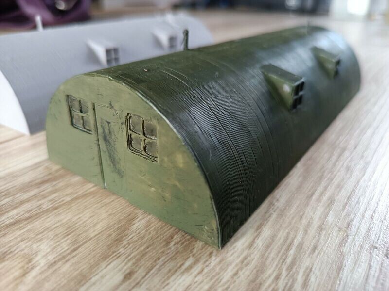 1/72 set of 2 Nissen hut models.  3D printed in PLA.  Requires painting