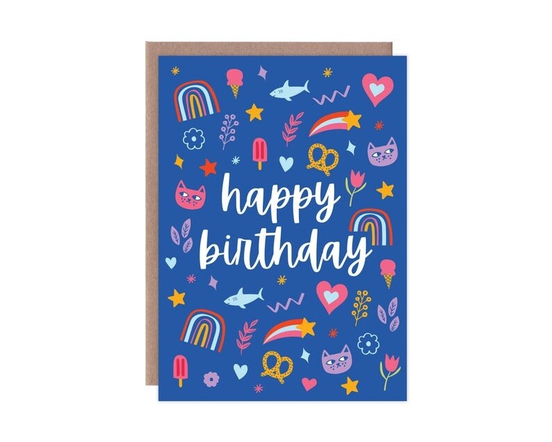 Rainbow, Pretzel, Cat Birthday Card