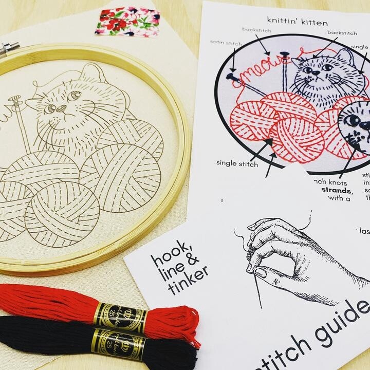 Knittin kitten complete embroidery kit