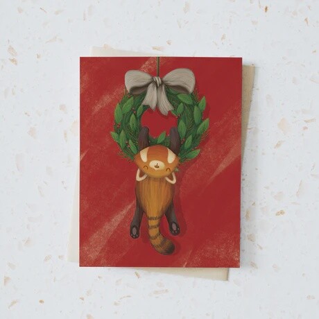 Red Panda and Wreath Holiday Card