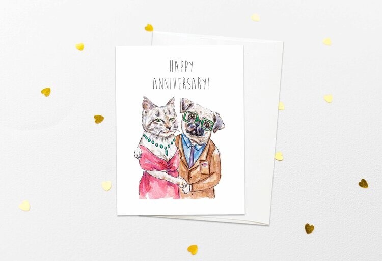 Cat Dog Anniversary Card
