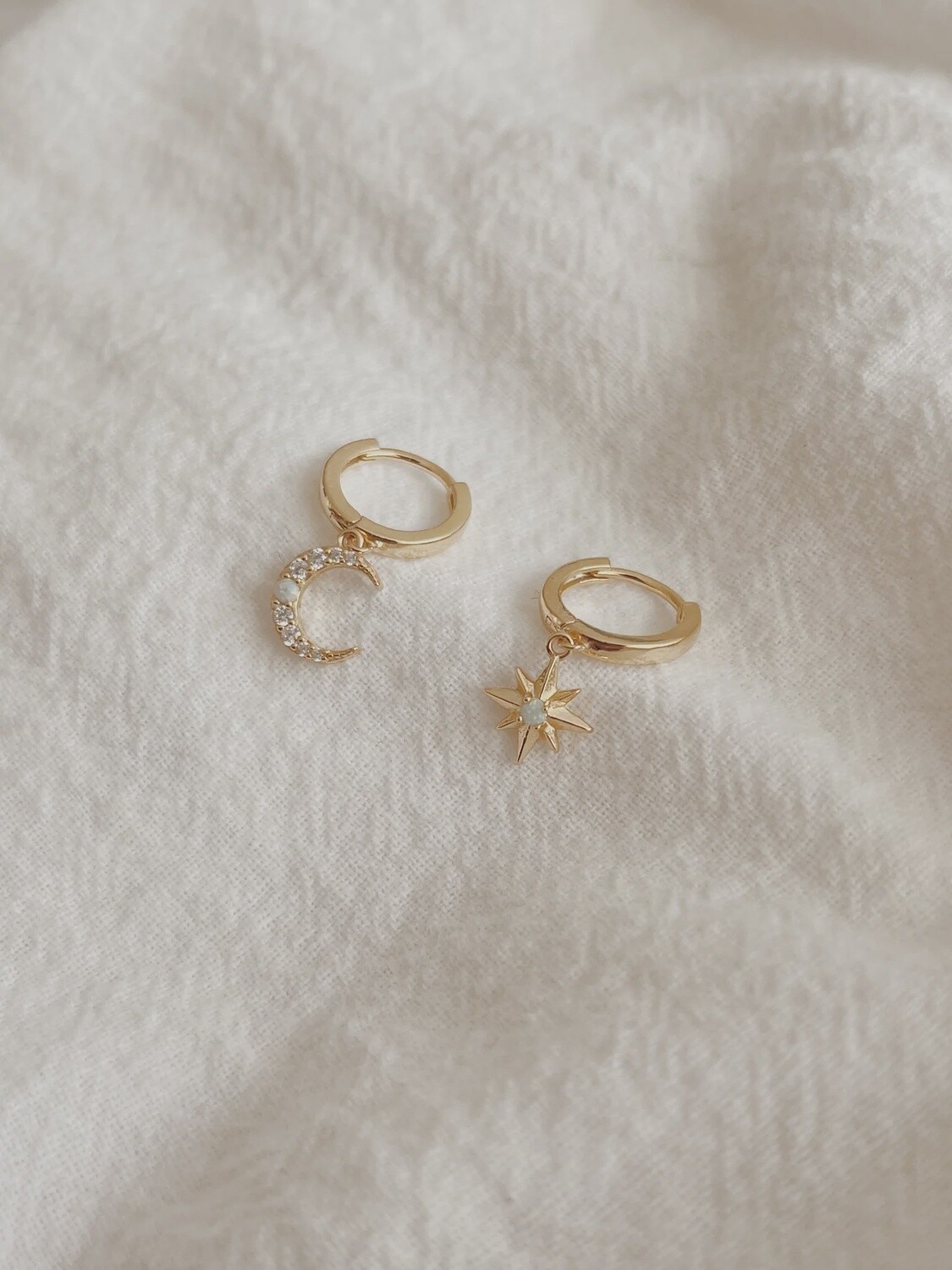 Star &amp; Moon Opal Huggie Hoop Earrings
