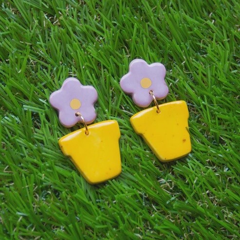 Flower Pot Earrings - Yellow Pot
