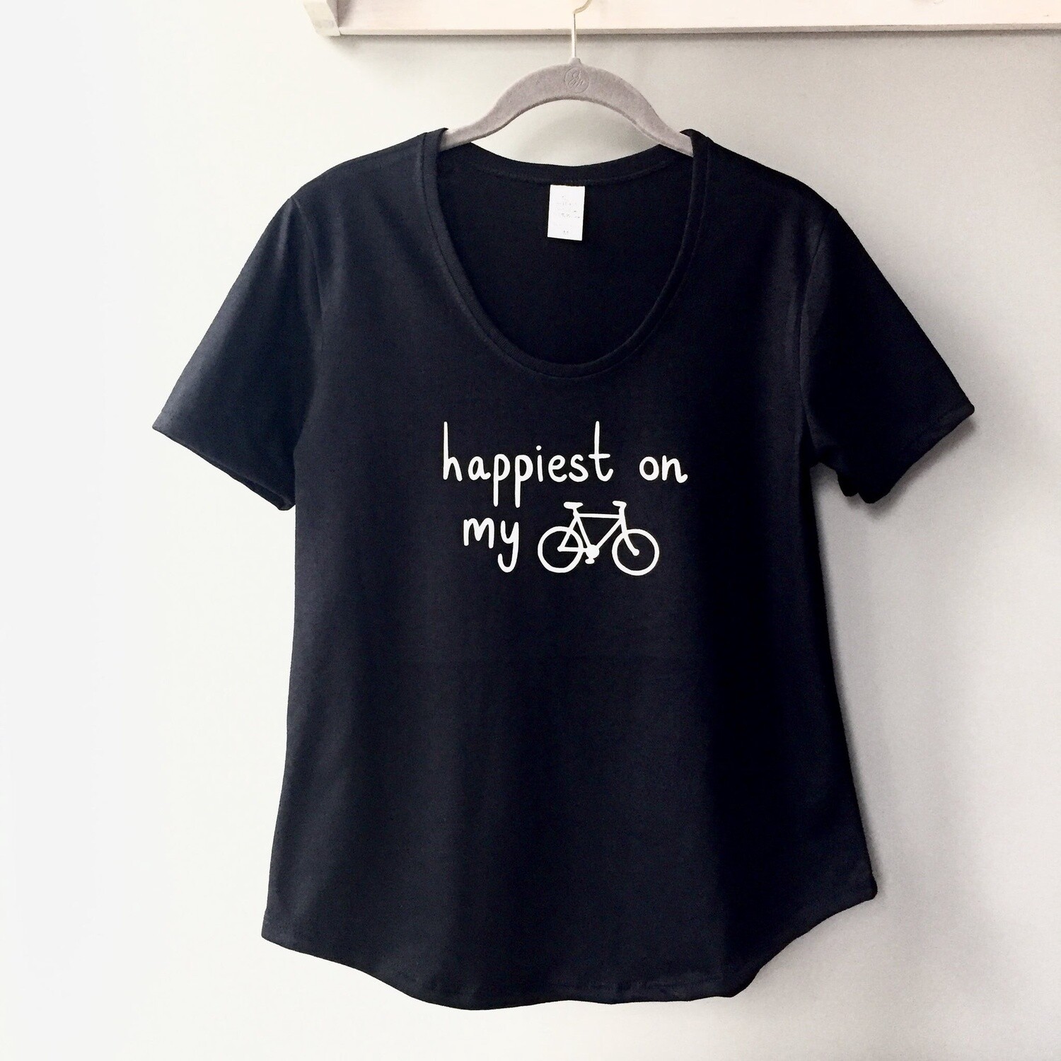 Happiest on My Bike (Women&#39;s Black Scoop Bottom T-Shirt)