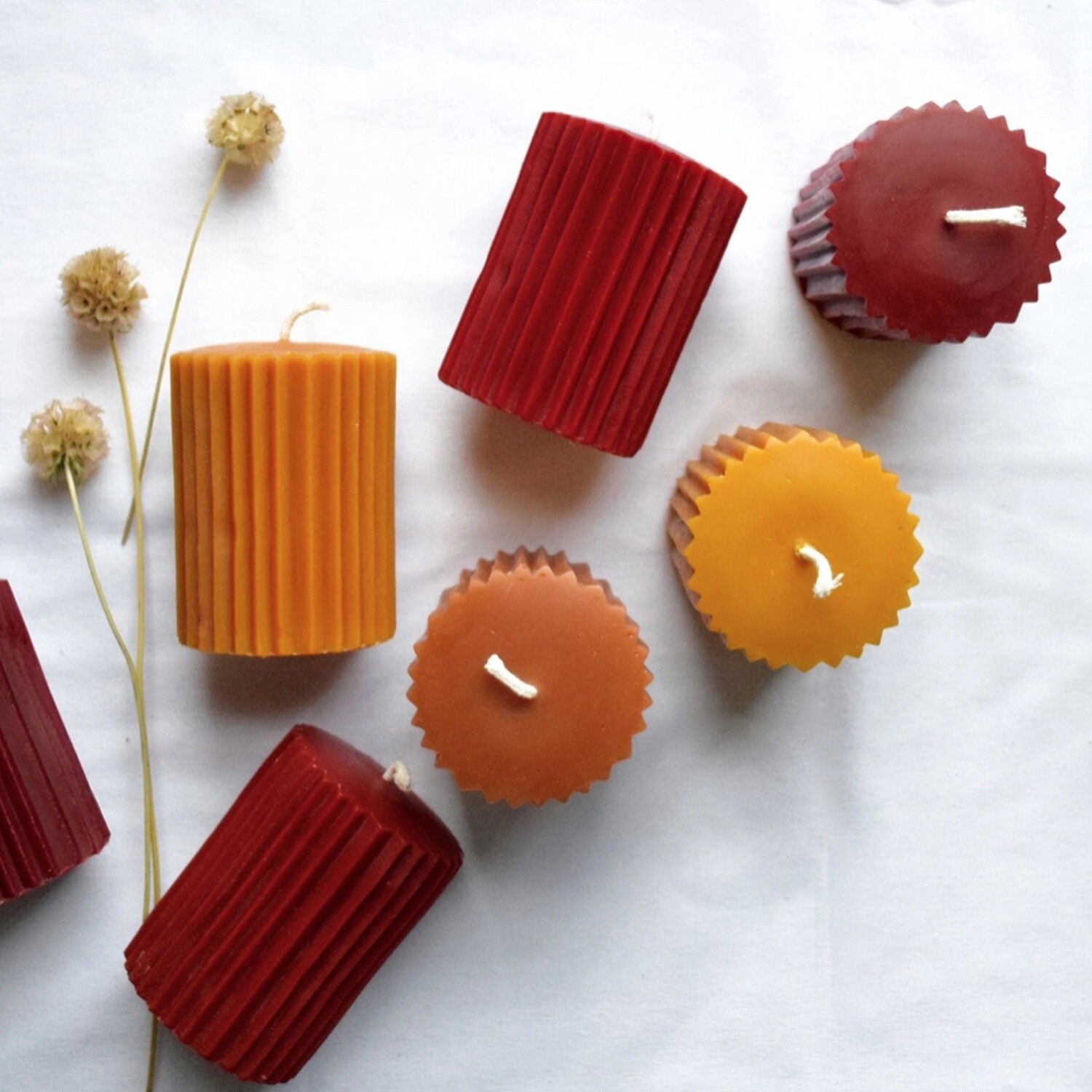 Fluted Pillar Beeswax Candle, Colour: Burgundy