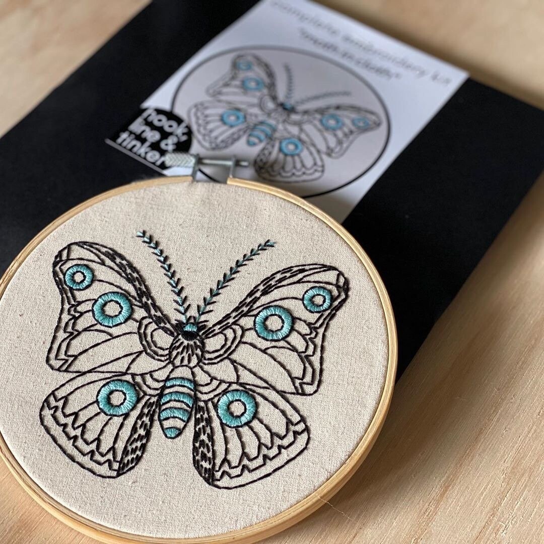 Moth in cloth complete embroidery kit