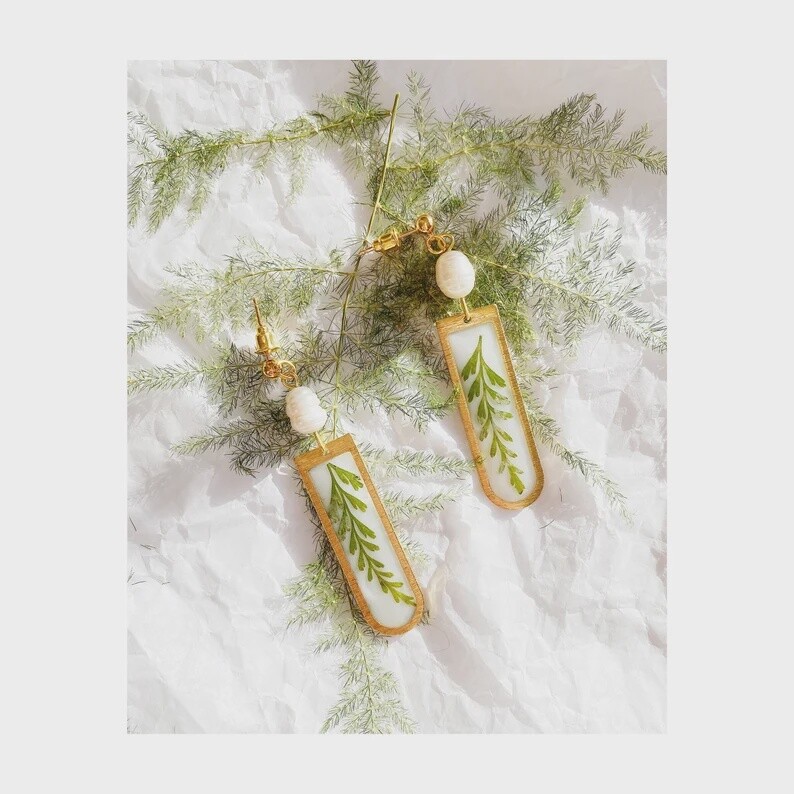 Speckled Fern and Pearl Dangles