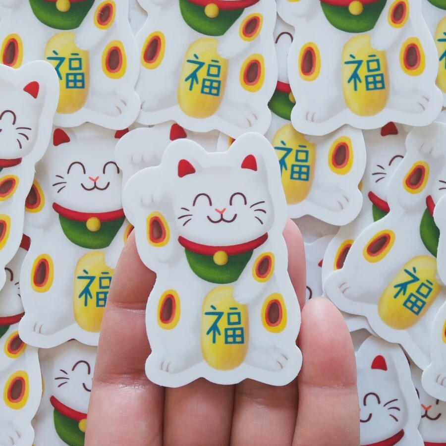 White Lucky Cat Vinyl Sticker