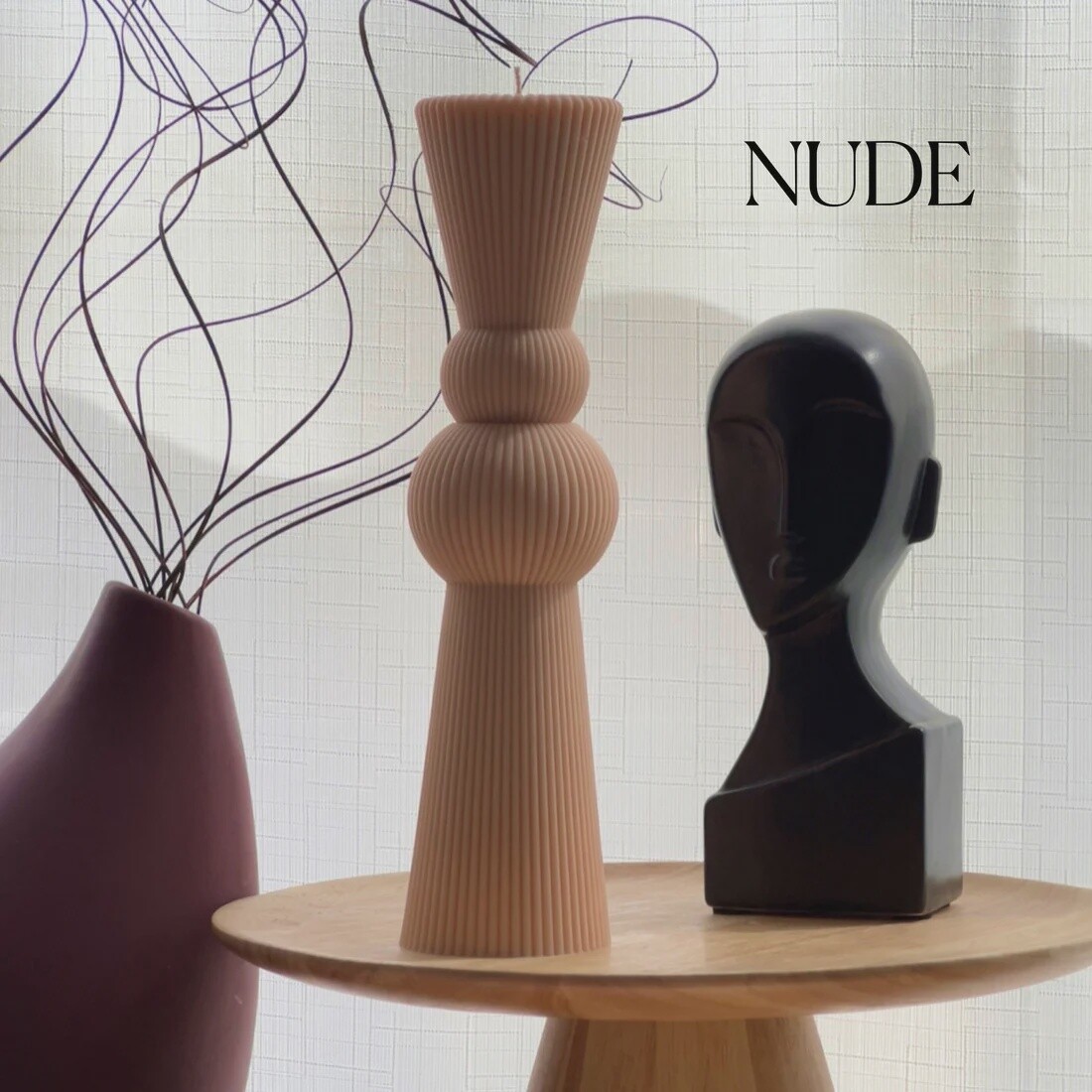 Big Chess Ribbed Pillar Candle, Colour: Nude