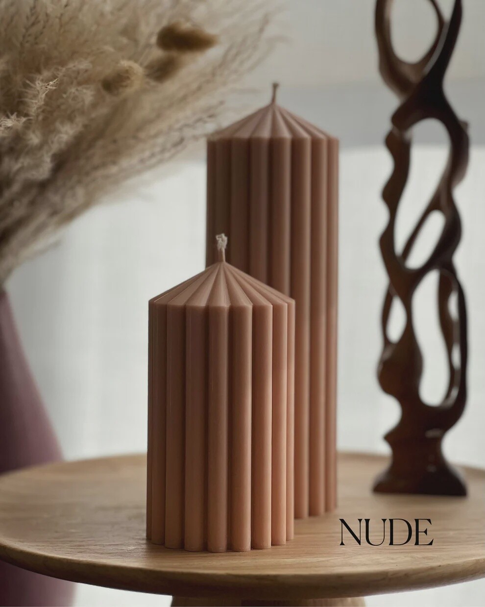Ribbed Peak Pillar Candle Set, Colour: Nude