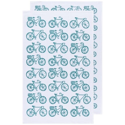 Bicycle Print Peacock Green Floursack Dishtowels Set of 2