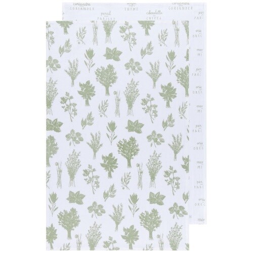 Herbs Print Sage Green Floursack Dishtowels Set of 2