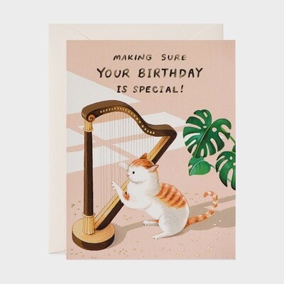 Cat and Harp Birthday Greeting Card