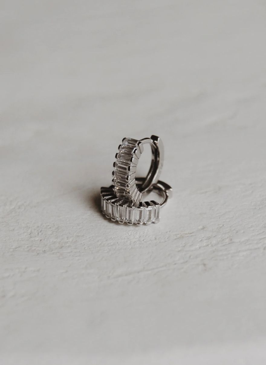 Emerson Baguette Huggie Hoop Earrings, Colour: Silver Clear