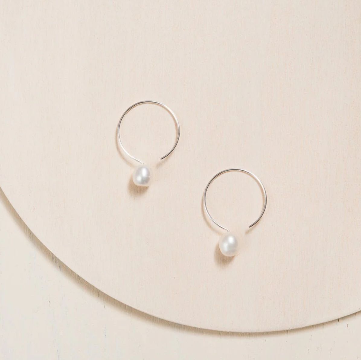 Silver Hoop Earrings - Ivory Pearl - 24mm