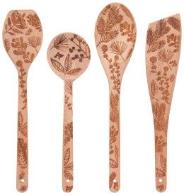 Winterberry Engraved Neem Wood Christmas Utensils Set of 4