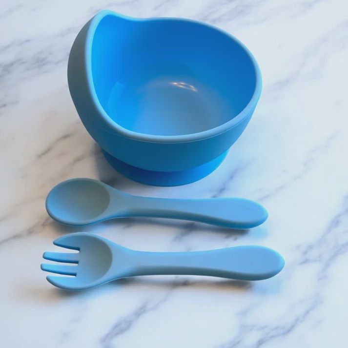 Silicone suction bowl with toddler cutlery, Colour: Sky Blue