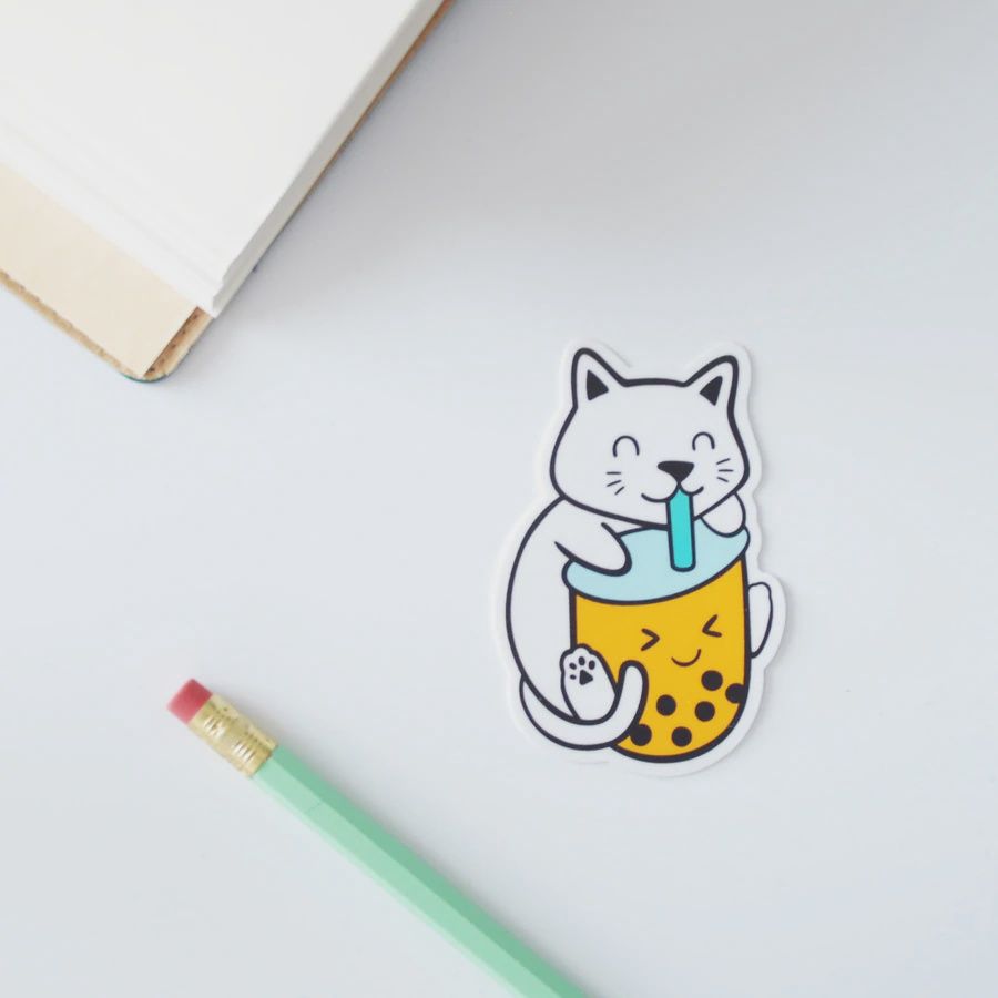 Cat &amp; Bubble Tea Vinyl Sticker, Colour: WHITE CAT