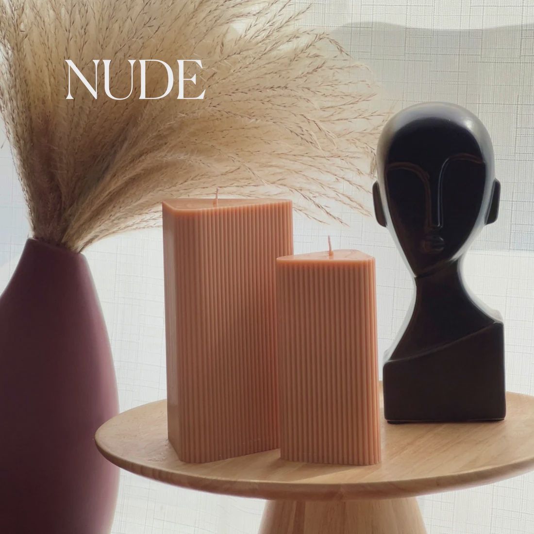 Ribbed Triangular Pillar Candle Set, Colour: Nude