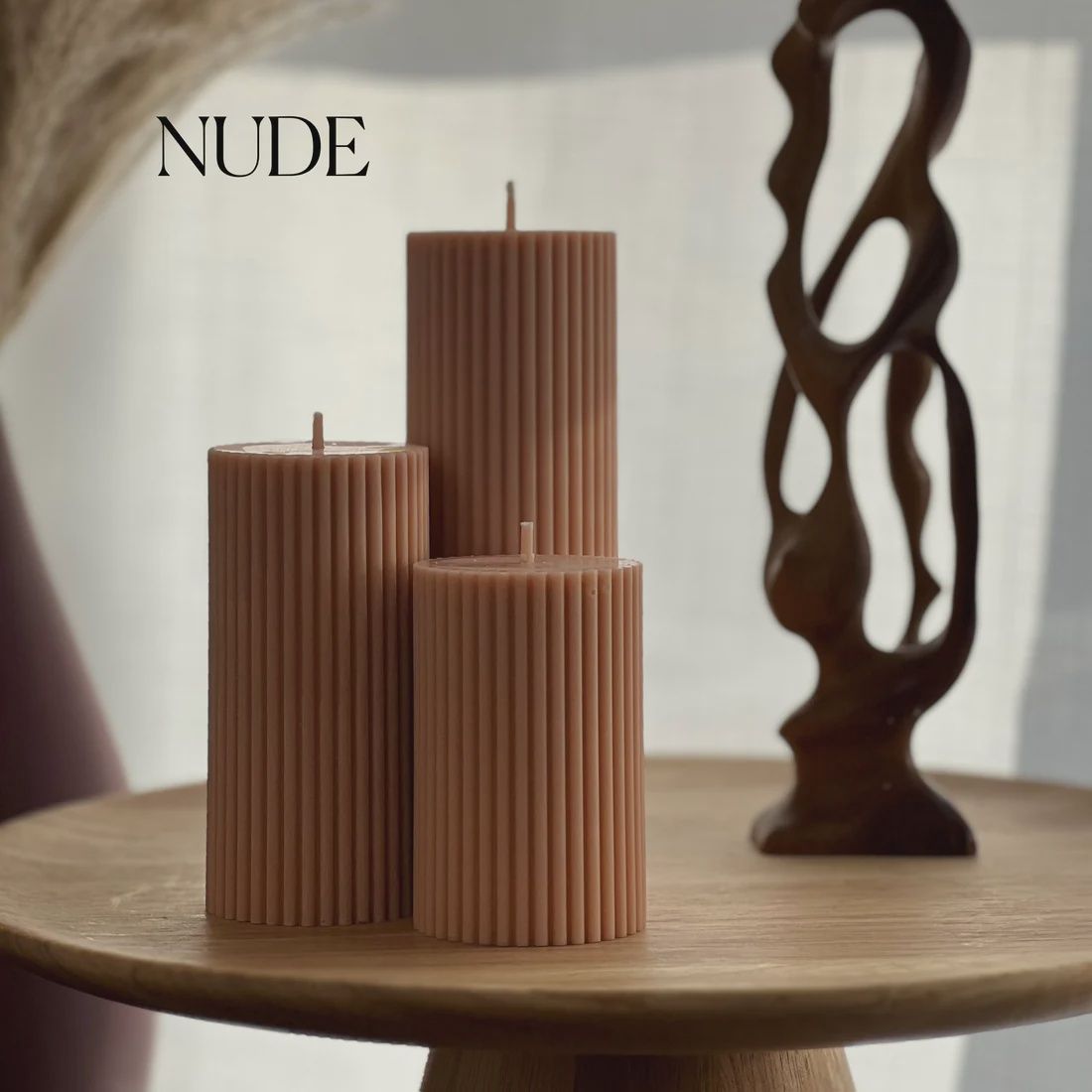 Ribbed Pillar Candle Set, Colour: Nude