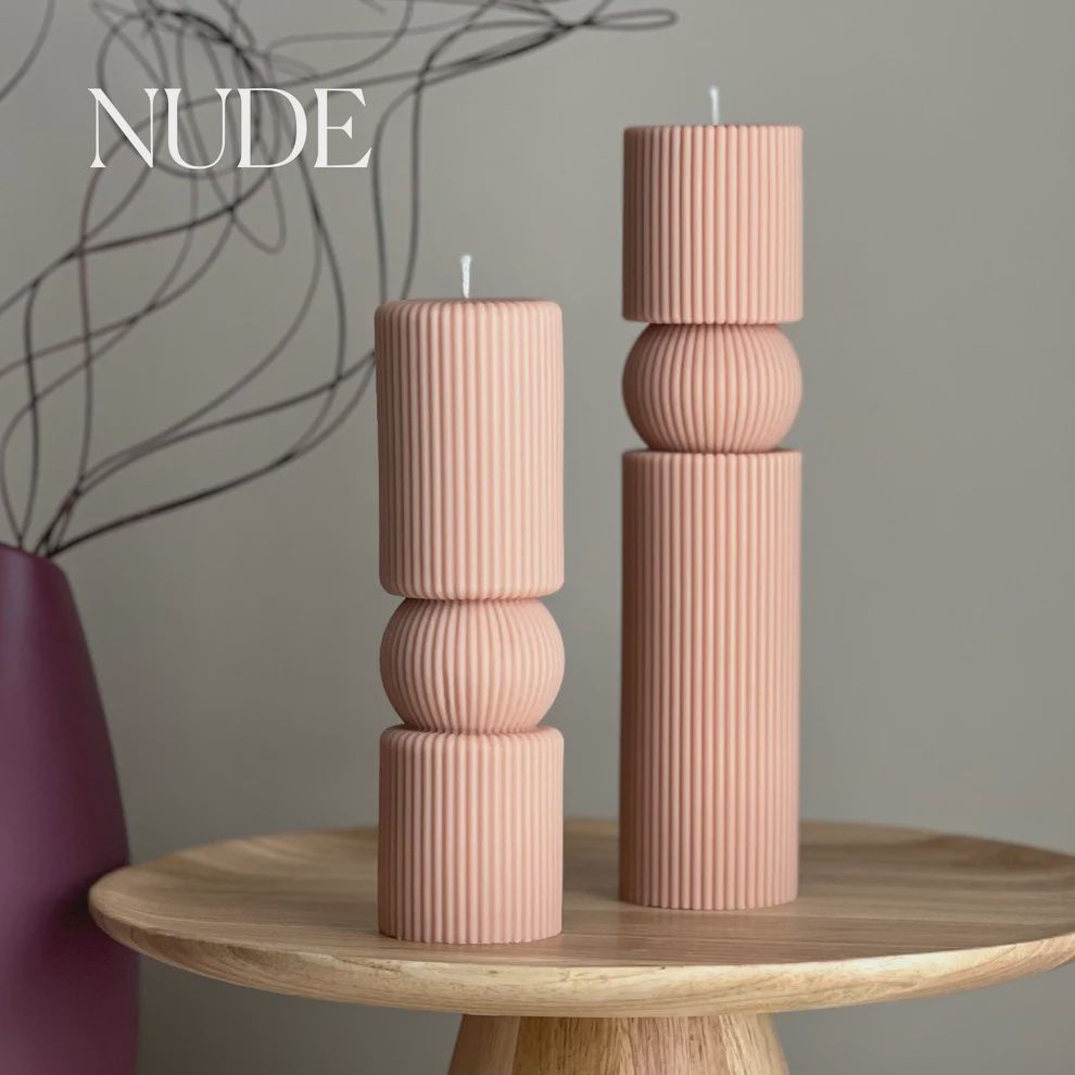 Roman Ribbed Tall Pillar Candle, Colour: Nude