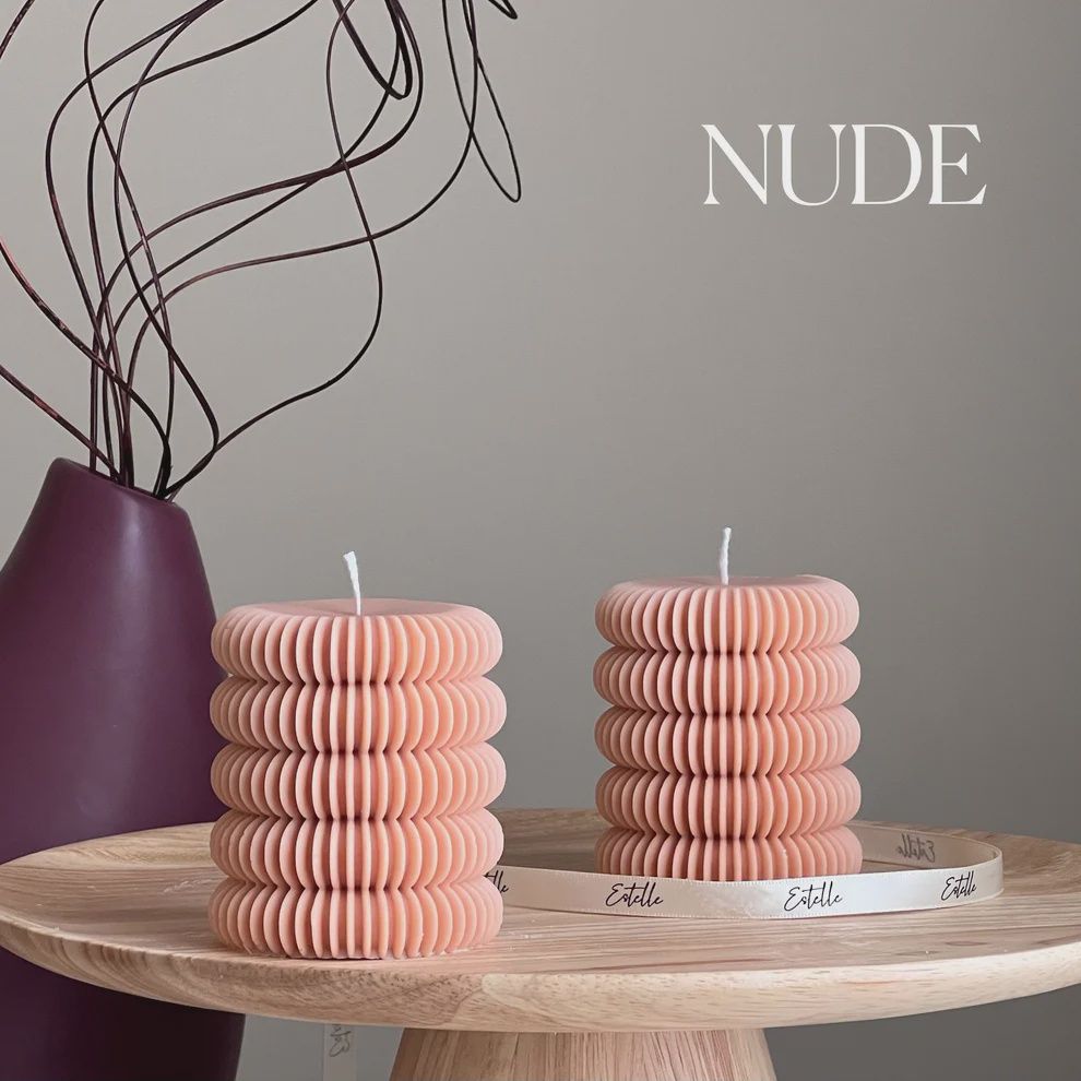 Round Ribbed Pillar Candle, Colour: Nude