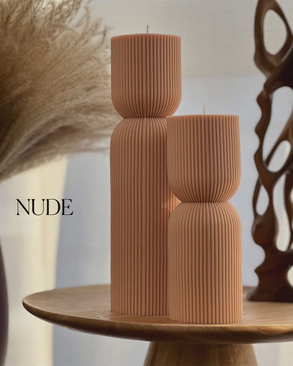 Ribbed Hourglass Pillar Candle Set, Colour: Nude