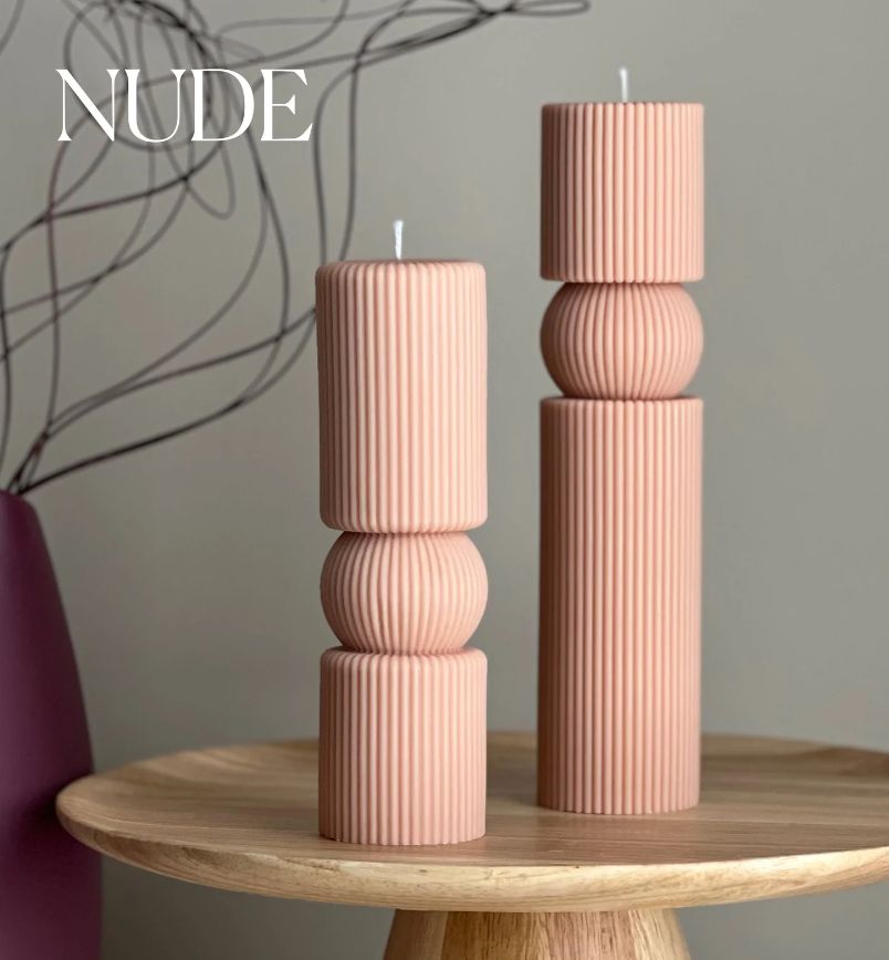 Roman Ribbed Short Pillar Candle, Colour: Nude